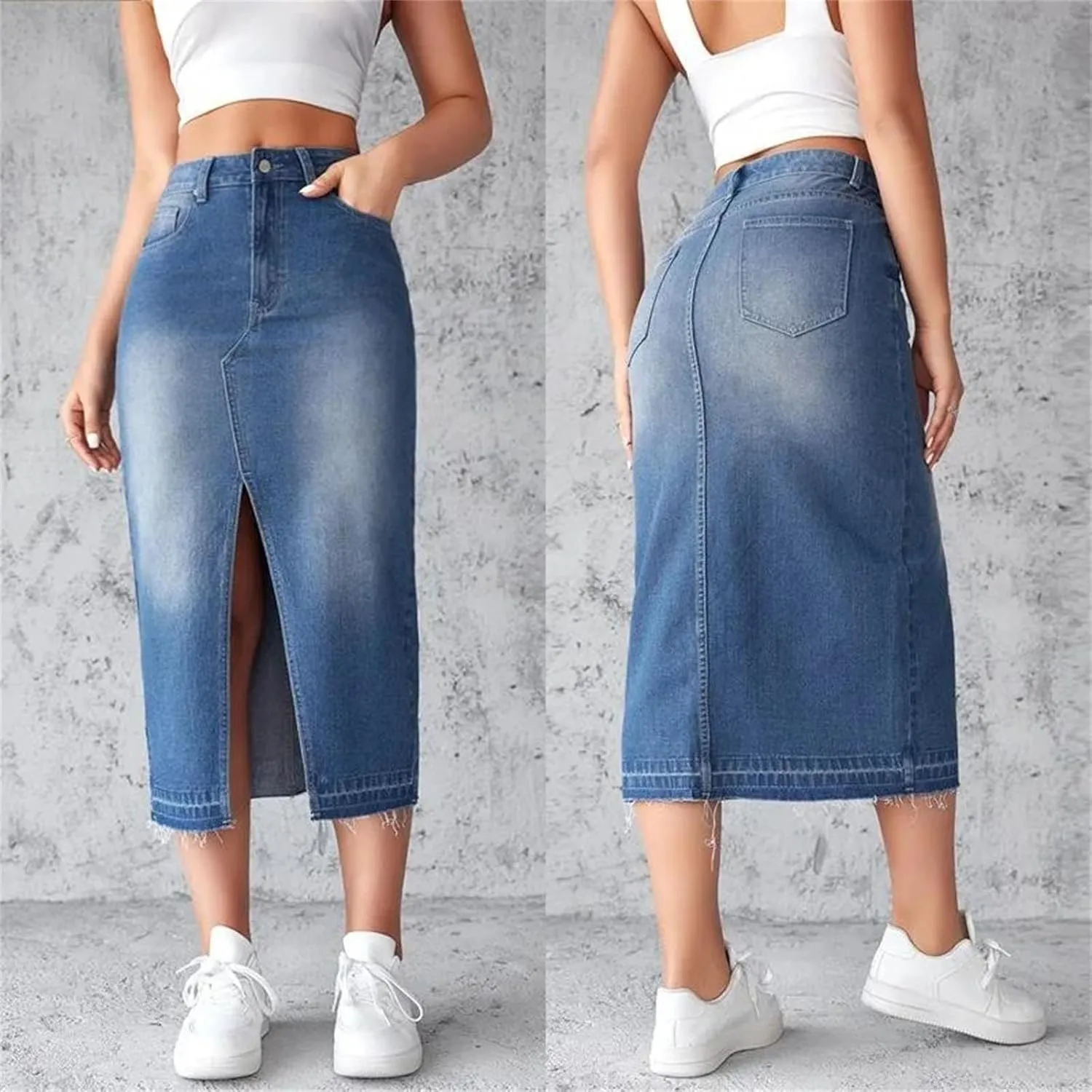 Womens High Waist A Line High Waist Denim Skirts Splice Pocket Button Mid Length Skirt Y2k Streetwear