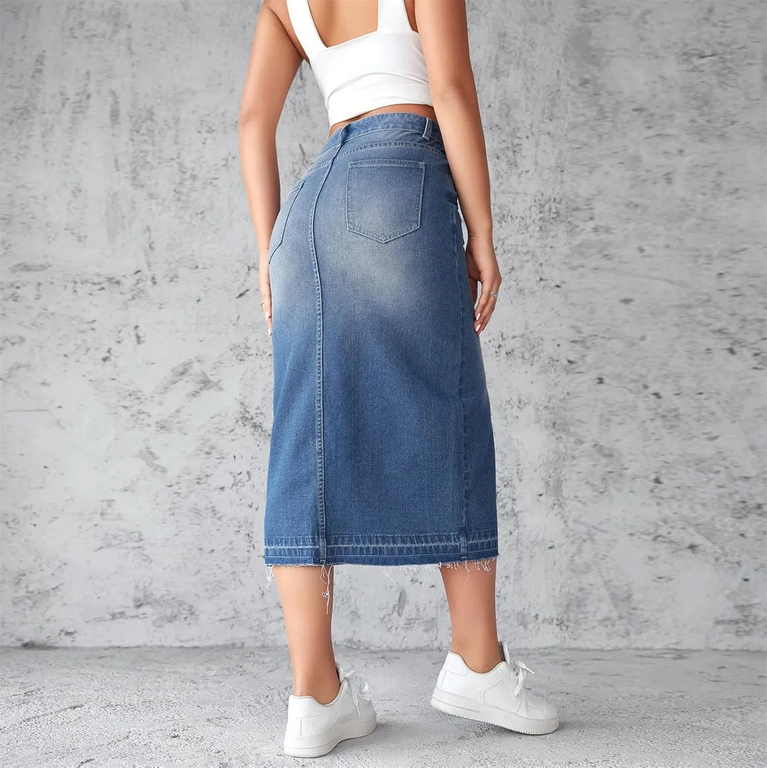 Womens High Waist A Line High Waist Denim Skirts Splice Pocket Button Mid Length Skirt Y2k Streetwear