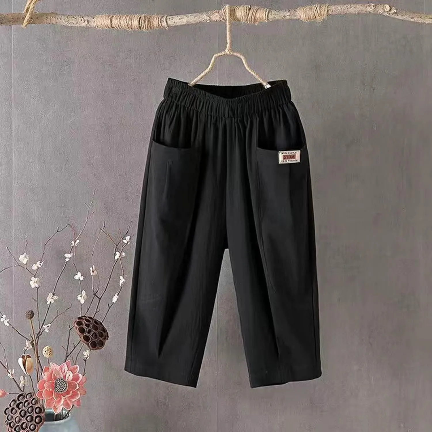 Womens High Waist Linen Cropped Pants Summer Beach Casual Pants Elastic Waist with Pockets Loose Quick Dry