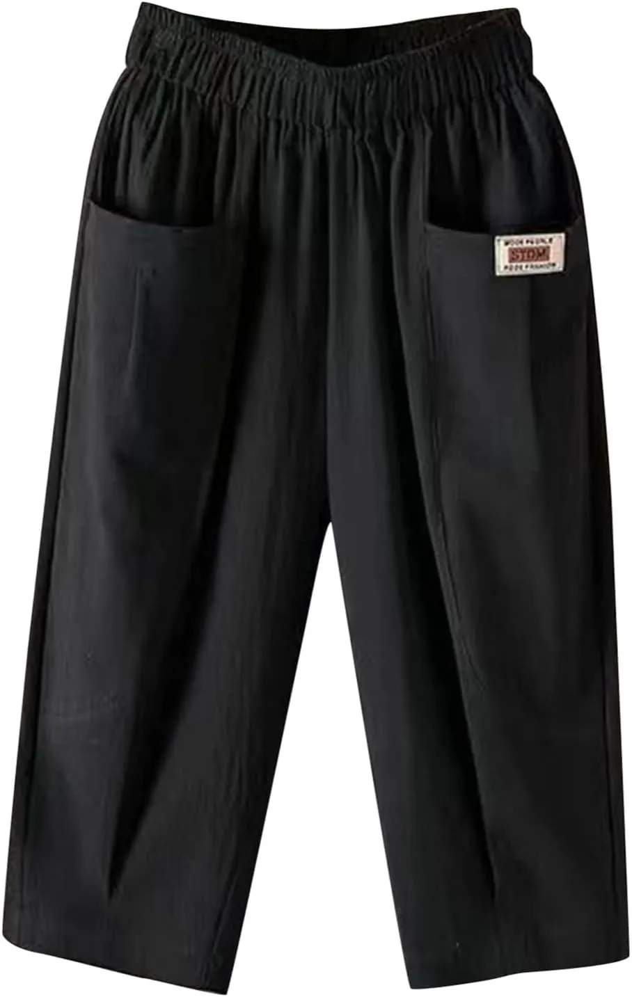 Womens High Waist Linen Cropped Pants Summer Beach Casual Pants Elastic Waist with Pockets Loose Quick Dry
