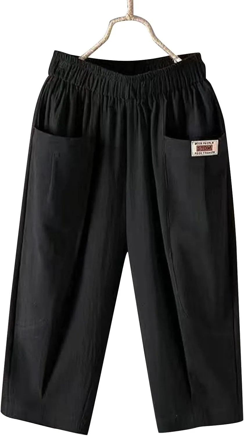 Womens High Waist Linen Cropped Pants Summer Beach Casual Pants Elastic Waist with Pockets Loose Quick Dry