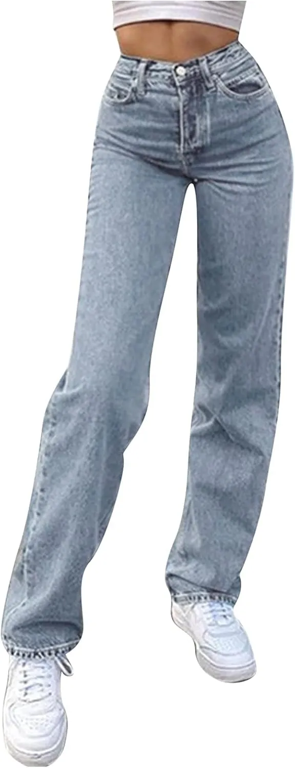 Womens High Waist Printed Button Leg Loose High Waist Casual Loose Leggings Skinny Leg Stretch Jeans for Women