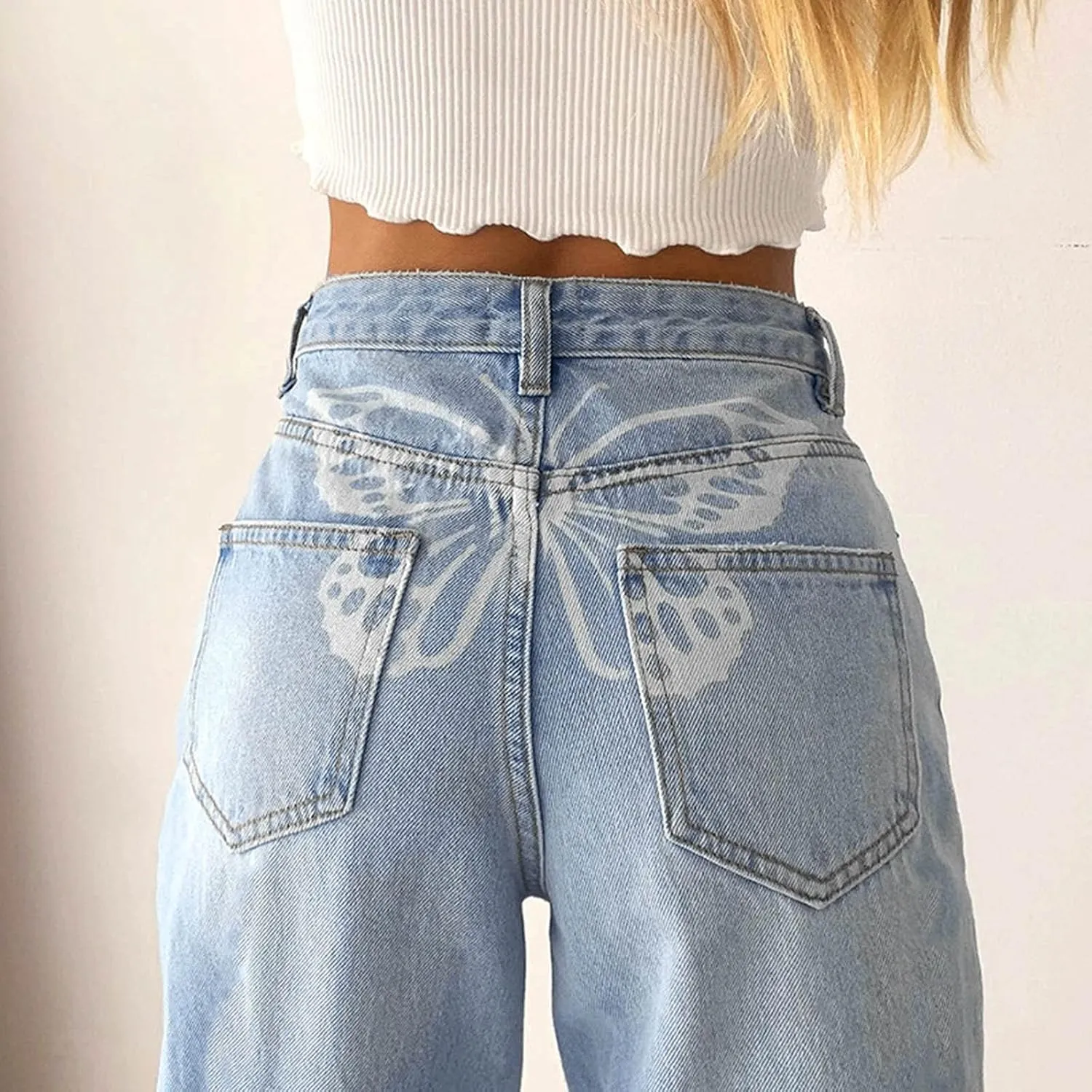 Womens High Waist Printed Button Leg Loose High Waist Casual Loose Leggings Skinny Leg Stretch Jeans for Women
