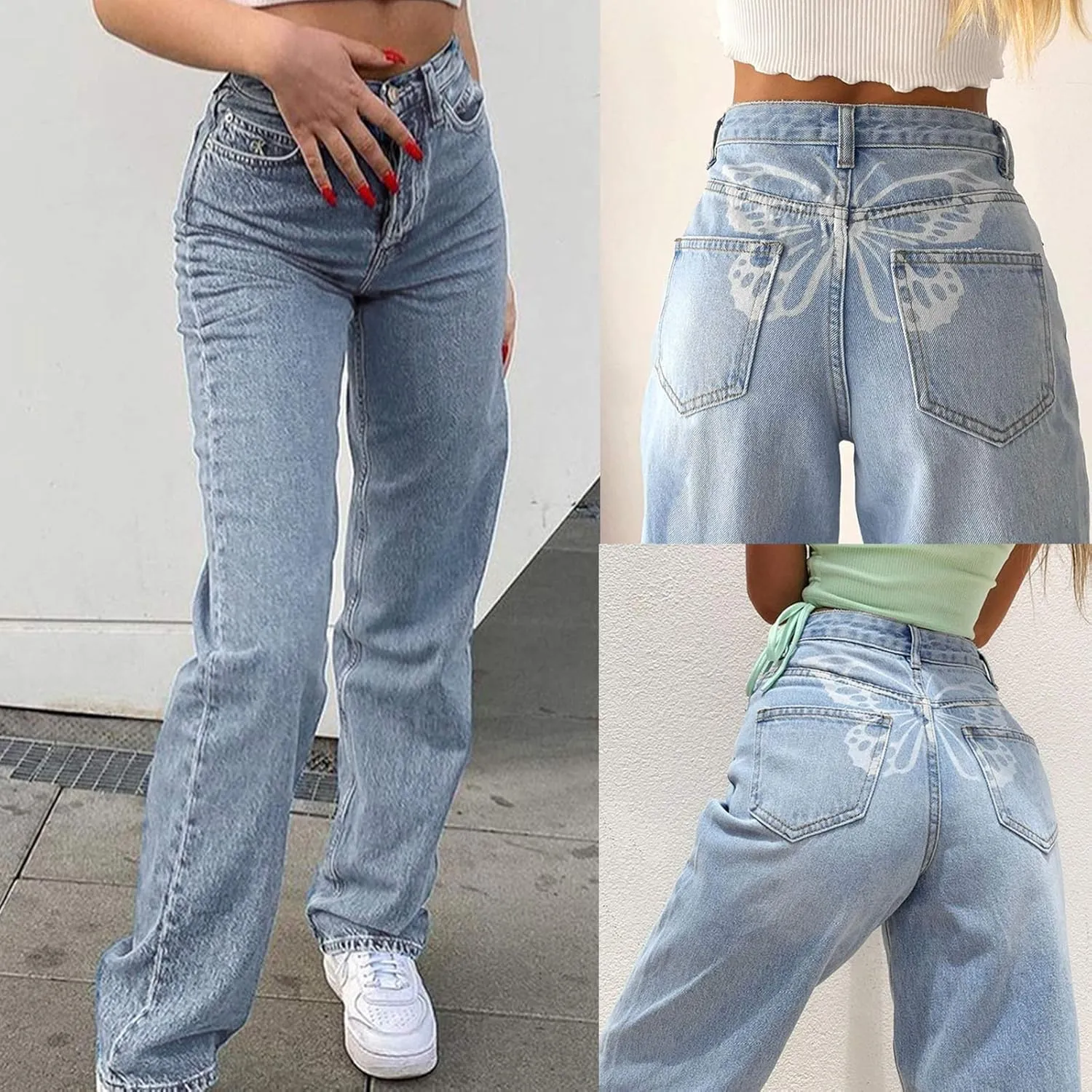 Womens High Waist Printed Button Leg Loose High Waist Casual Loose Leggings Skinny Leg Stretch Jeans for Women