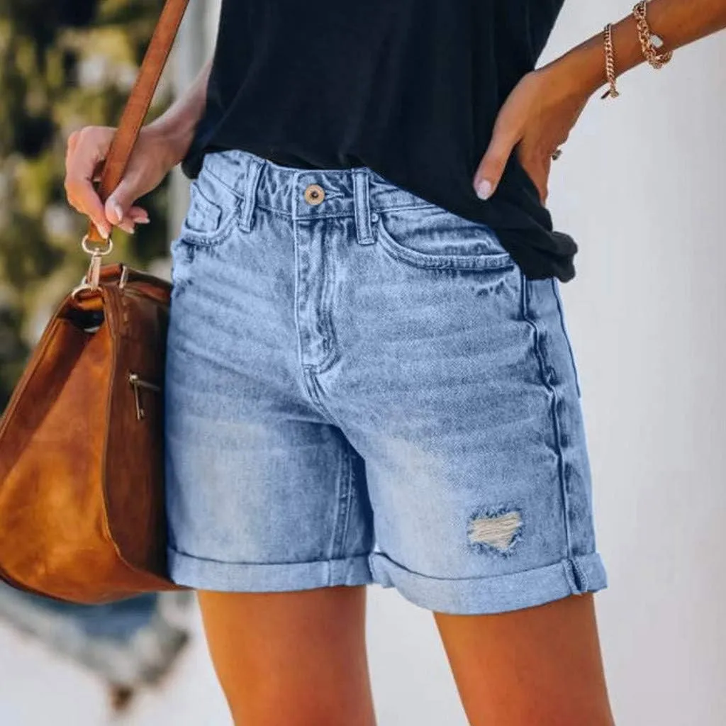Women's High Waisted Stretchy Denim Shorts Cuffed Jean Summer Stretchy Ripped Jean Shorts for Women with Pockets