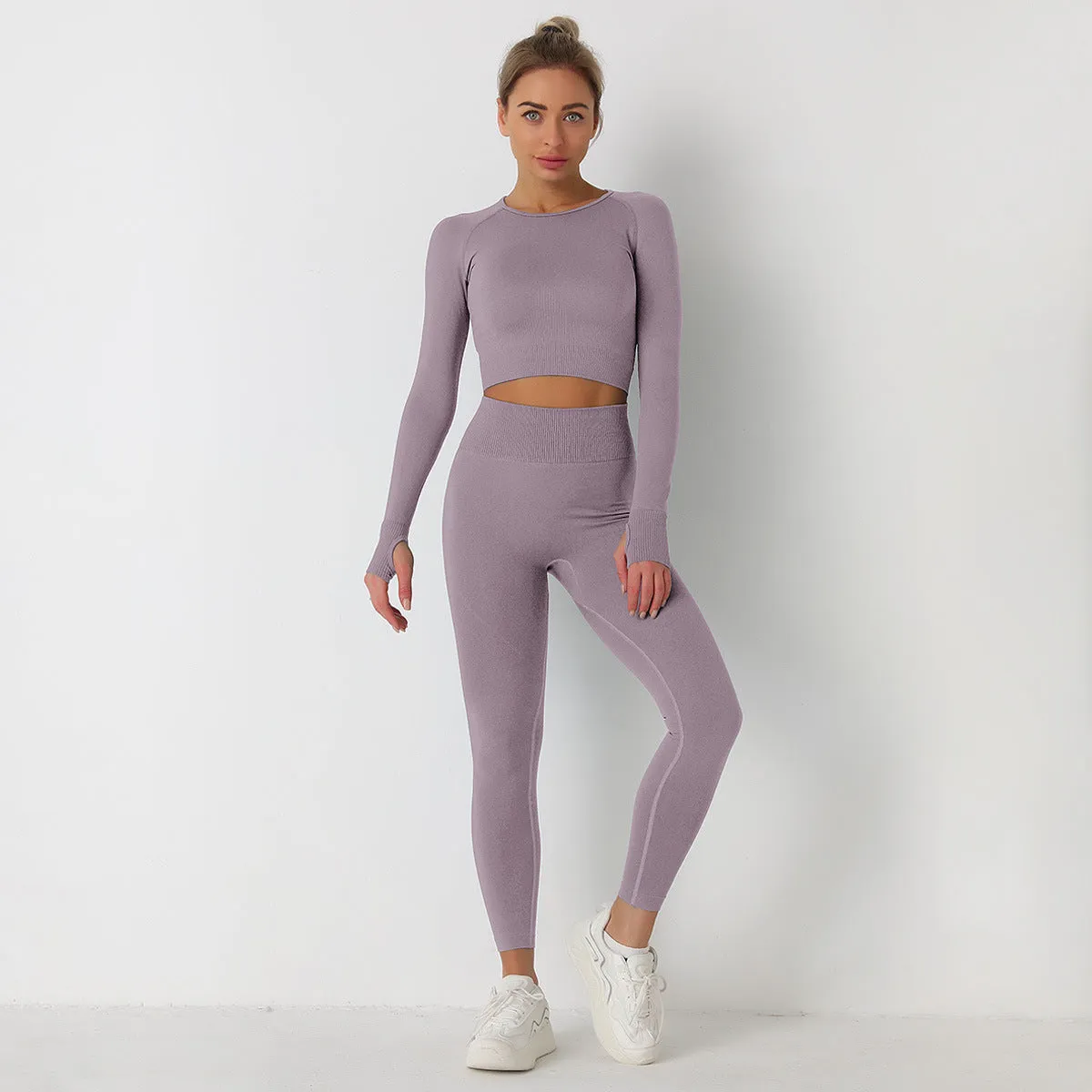 Women's Long Sleeve Crop Top & High Waist Leggings Yoga Set