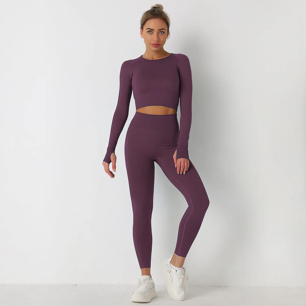 Women's Long Sleeve Crop Top & High Waist Leggings Yoga Set