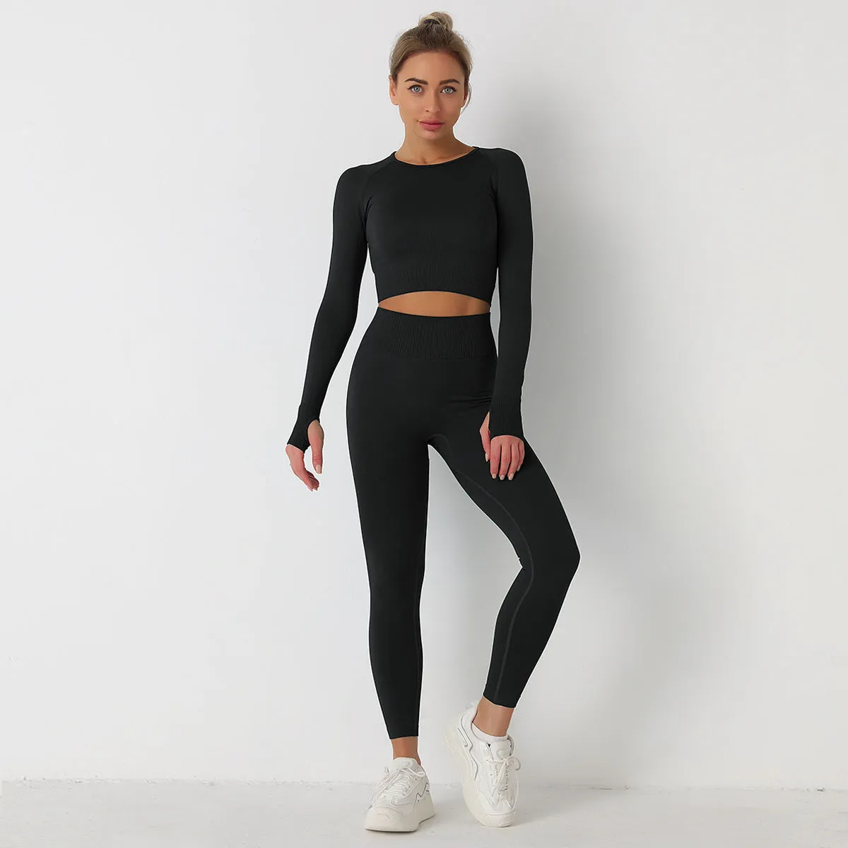 Women's Long Sleeve Crop Top & High Waist Leggings Yoga Set