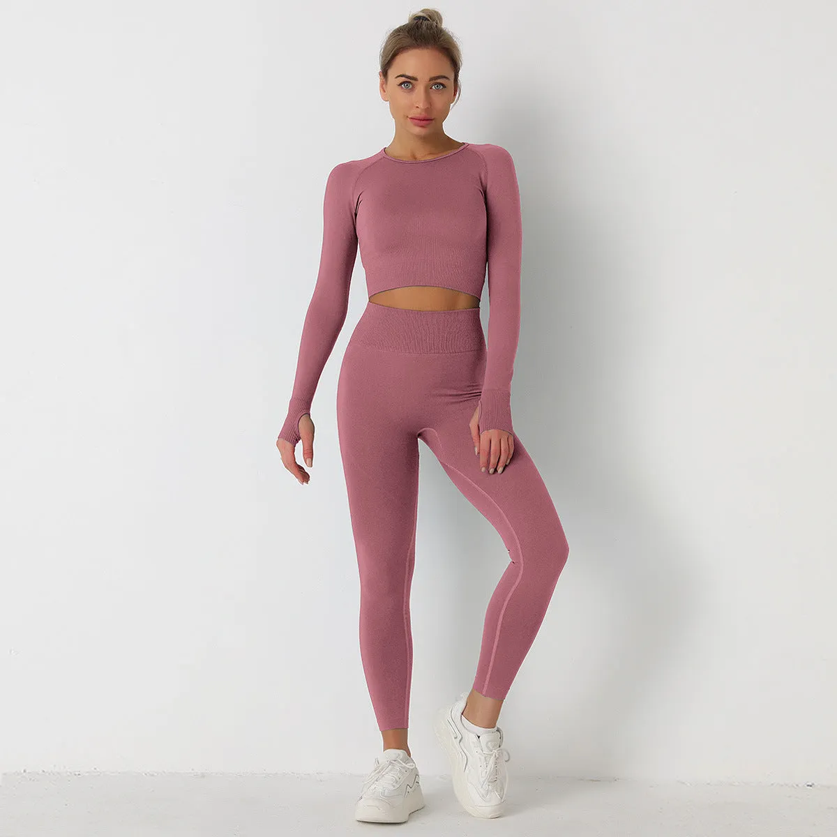 Women's Long Sleeve Crop Top & High Waist Leggings Yoga Set