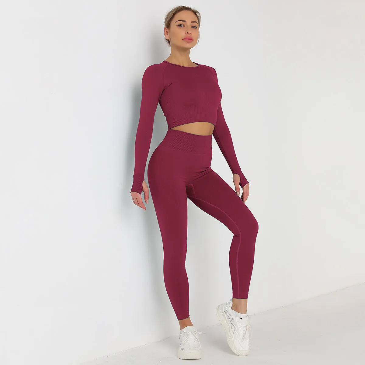 Women's Long Sleeve Crop Top & High Waist Leggings Yoga Set