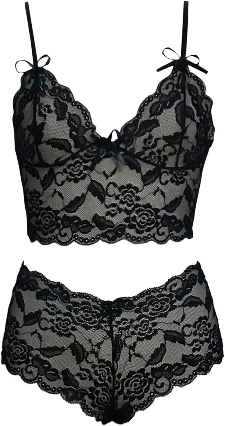 Women's Nightwear High Waist Plus Size Lingerie Set for Women Sexy Lace Halter Bralette High Waist Panty Set Sexy
