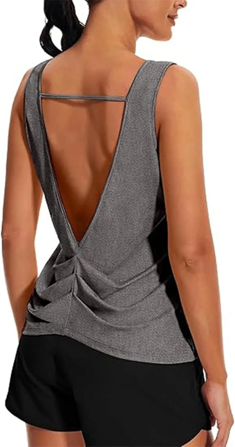 Women's Open Back Tank Tops Lightweight Sleeveless Workout Athletic Gym Yoga Shirts Running Quick Dry Pleated Tops