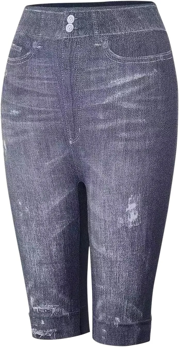 Womens Plus Size Stretchy Knee Length Jean Shorts Stretchy High Waisted Leggings Slim Half Denim Bermuda Shorts