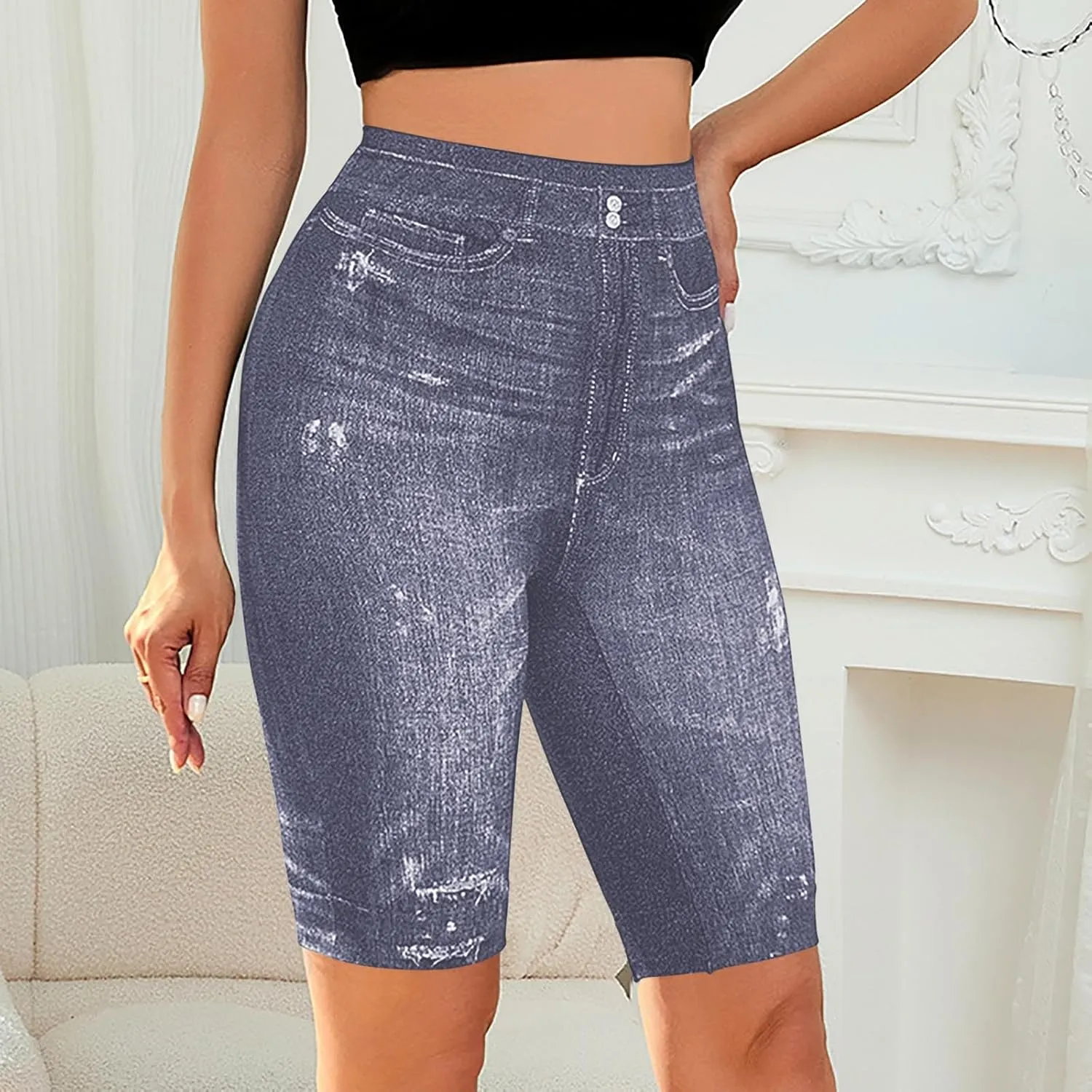 Womens Plus Size Stretchy Knee Length Jean Shorts Stretchy High Waisted Leggings Slim Half Denim Bermuda Shorts