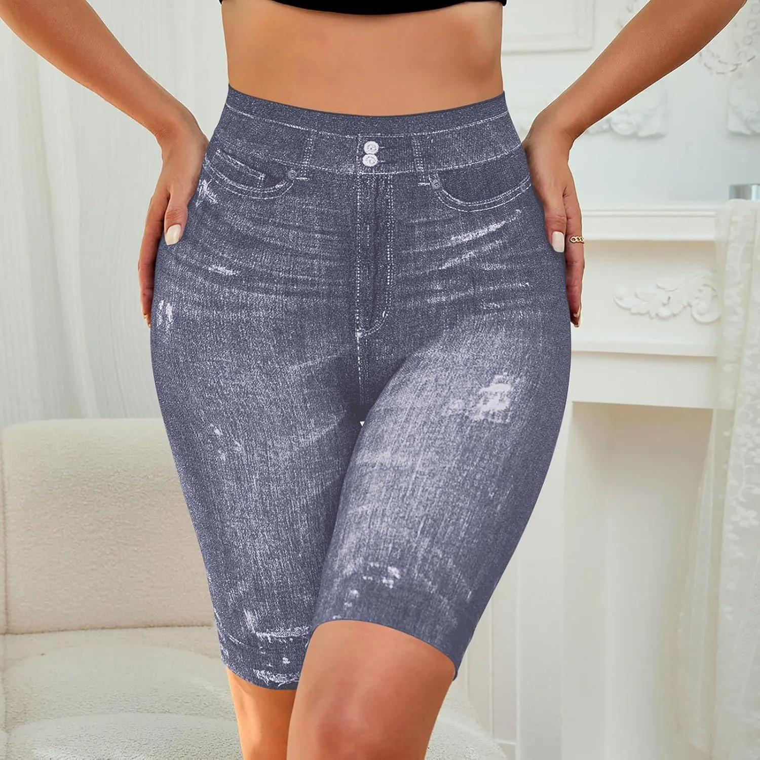 Womens Plus Size Stretchy Knee Length Jean Shorts Stretchy High Waisted Leggings Slim Half Denim Bermuda Shorts