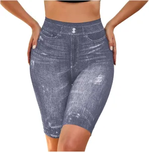 Womens Plus Size Stretchy Knee Length Jean Shorts Stretchy High Waisted Leggings Slim Half Denim Bermuda Shorts