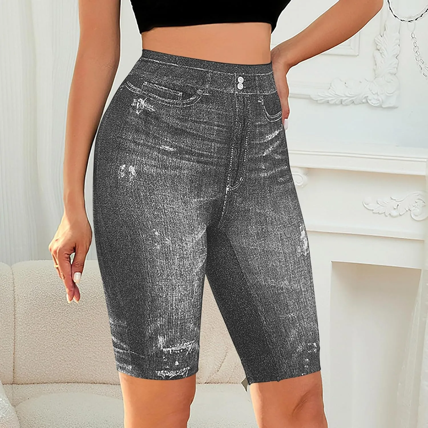 Womens Plus Size Stretchy Knee Length Jean Shorts Stretchy High Waisted Leggings Slim Half Denim Bermuda Shorts