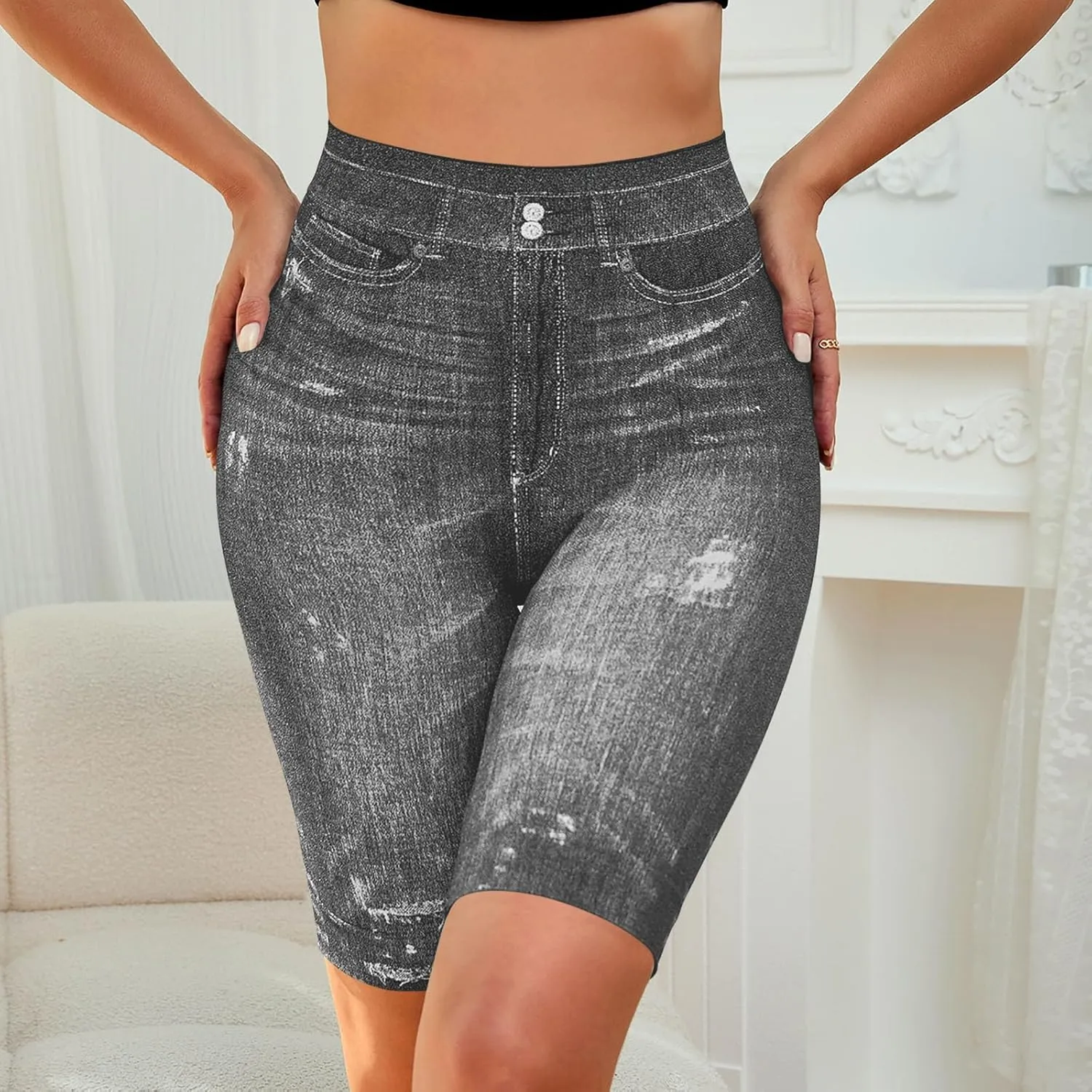 Womens Plus Size Stretchy Knee Length Jean Shorts Stretchy High Waisted Leggings Slim Half Denim Bermuda Shorts
