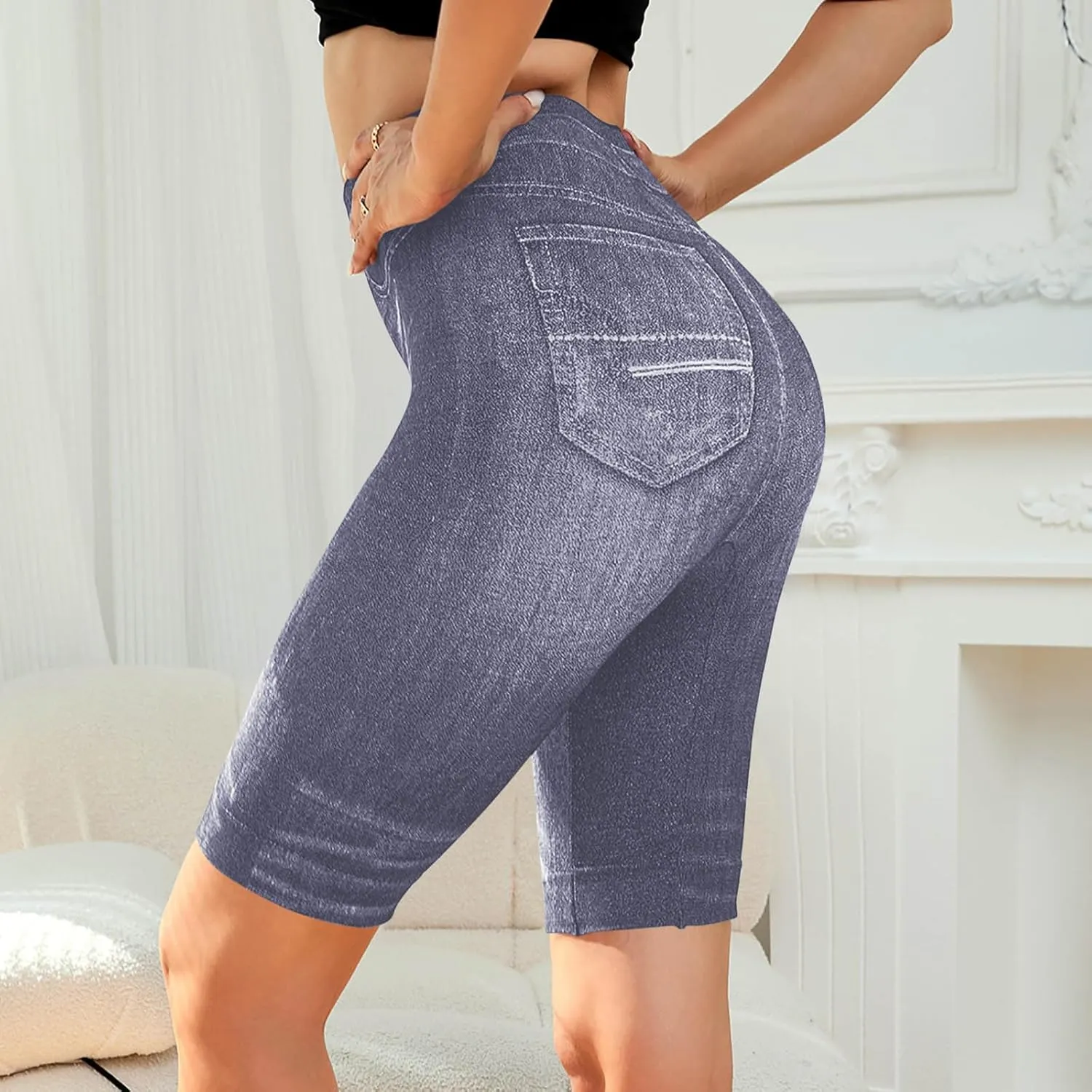 Womens Plus Size Stretchy Knee Length Jean Shorts Stretchy High Waisted Leggings Slim Half Denim Bermuda Shorts