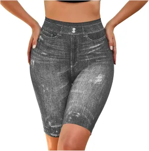 Womens Plus Size Stretchy Knee Length Jean Shorts Stretchy High Waisted Leggings Slim Half Denim Bermuda Shorts