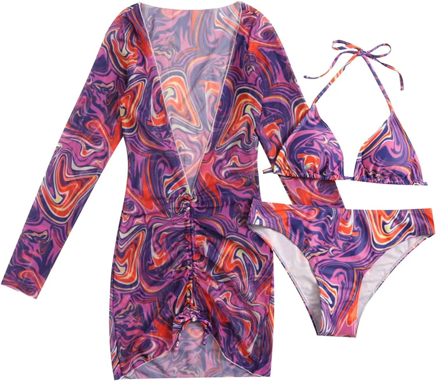 Women's Printed Triangle Halter Bikini Bathing Suit with Cover Up 3 Piece Swimsuits