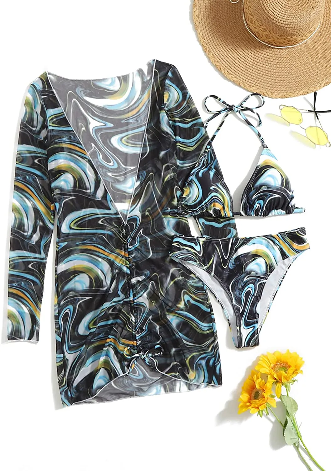 Women's Printed Triangle Halter Bikini Bathing Suit with Cover Up 3 Piece Swimsuits