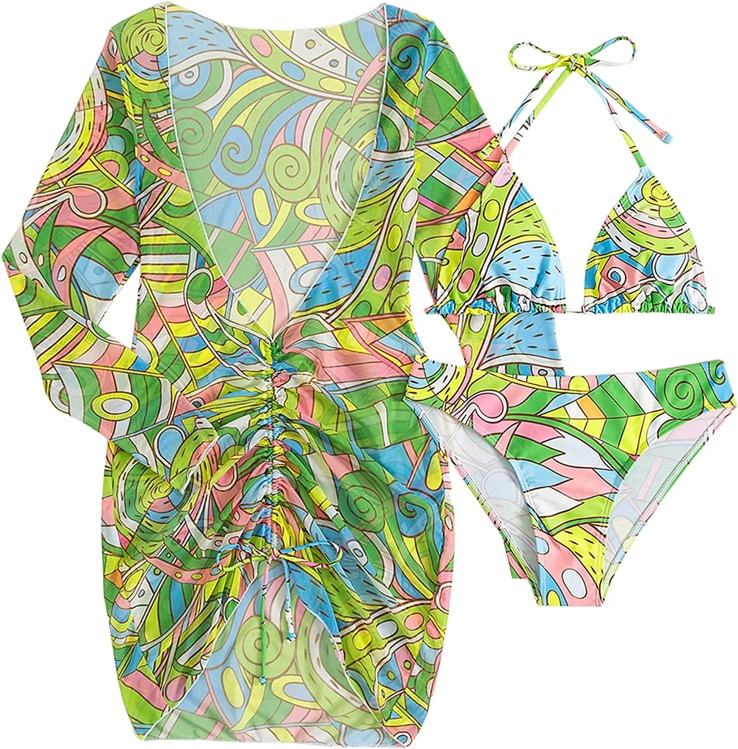 Women's Printed Triangle Halter Bikini Bathing Suit with Cover Up 3 Piece Swimsuits