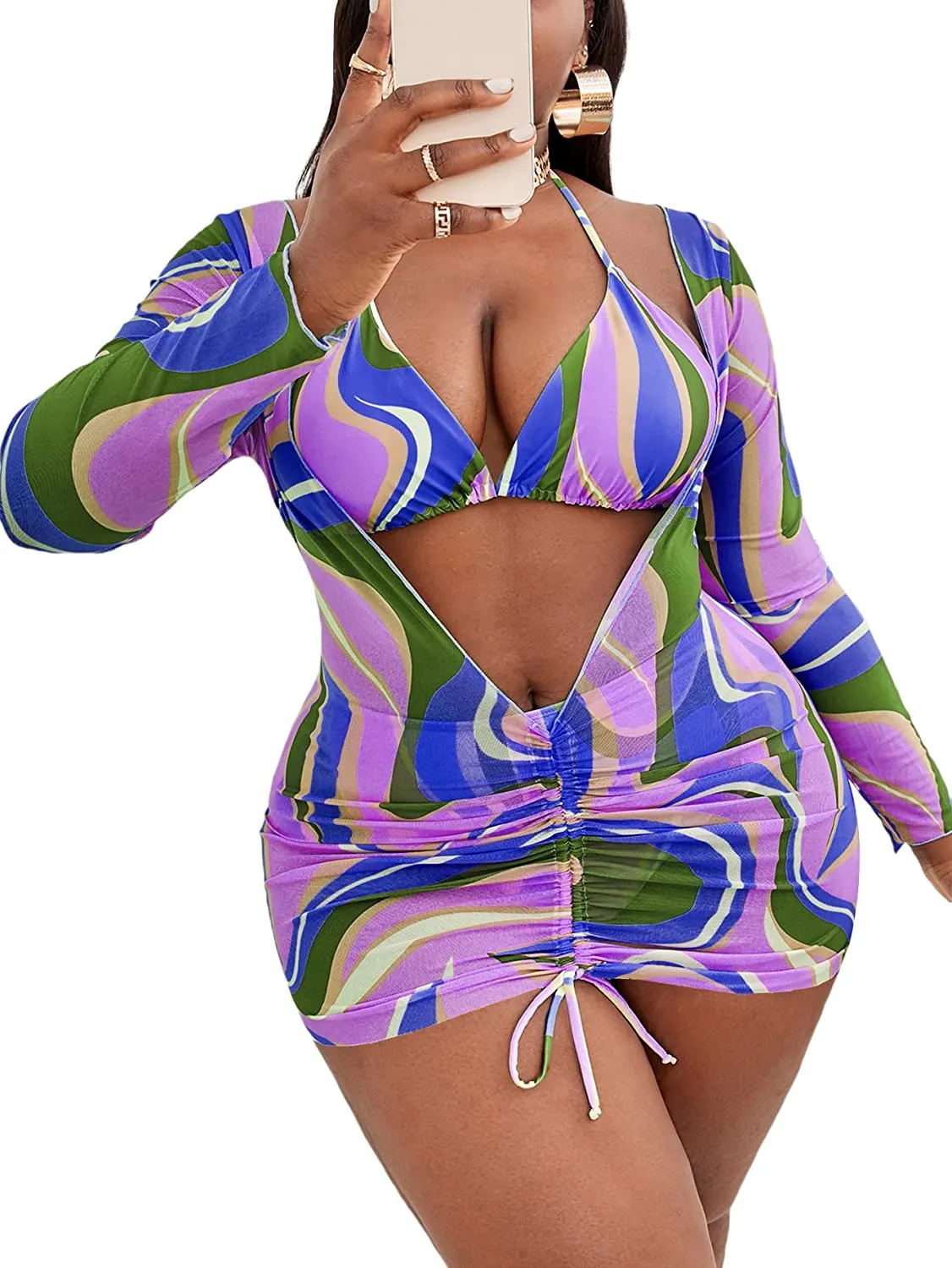 Women's Printed Triangle Halter Bikini Bathing Suit with Cover Up 3 Piece Swimsuits