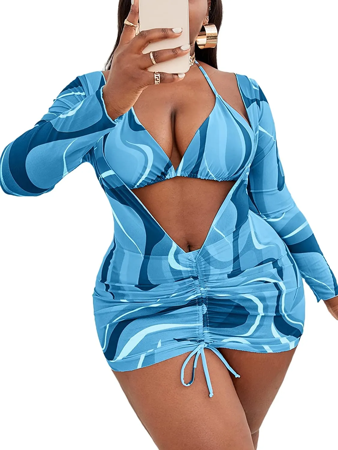 Women's Printed Triangle Halter Bikini Bathing Suit with Cover Up 3 Piece Swimsuits