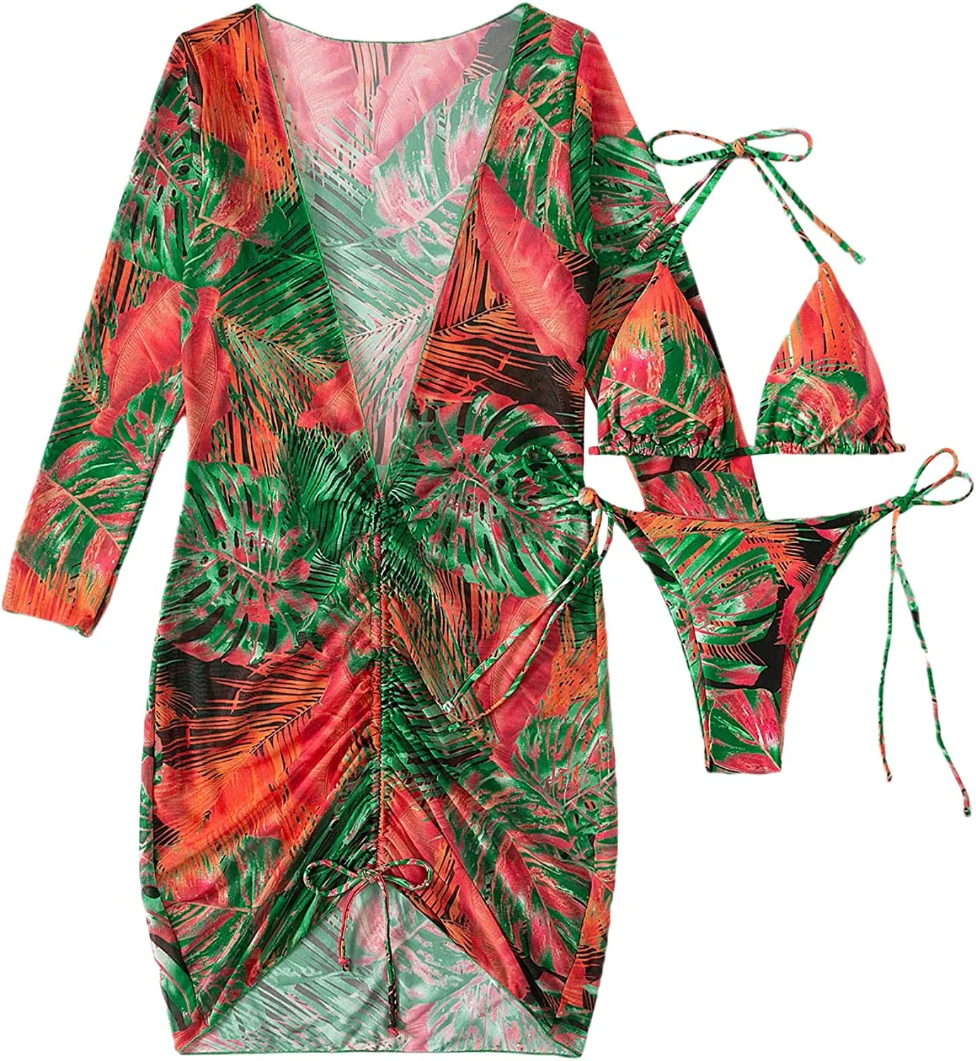 Women's Printed Triangle Halter Bikini Bathing Suit with Cover Up 3 Piece Swimsuits