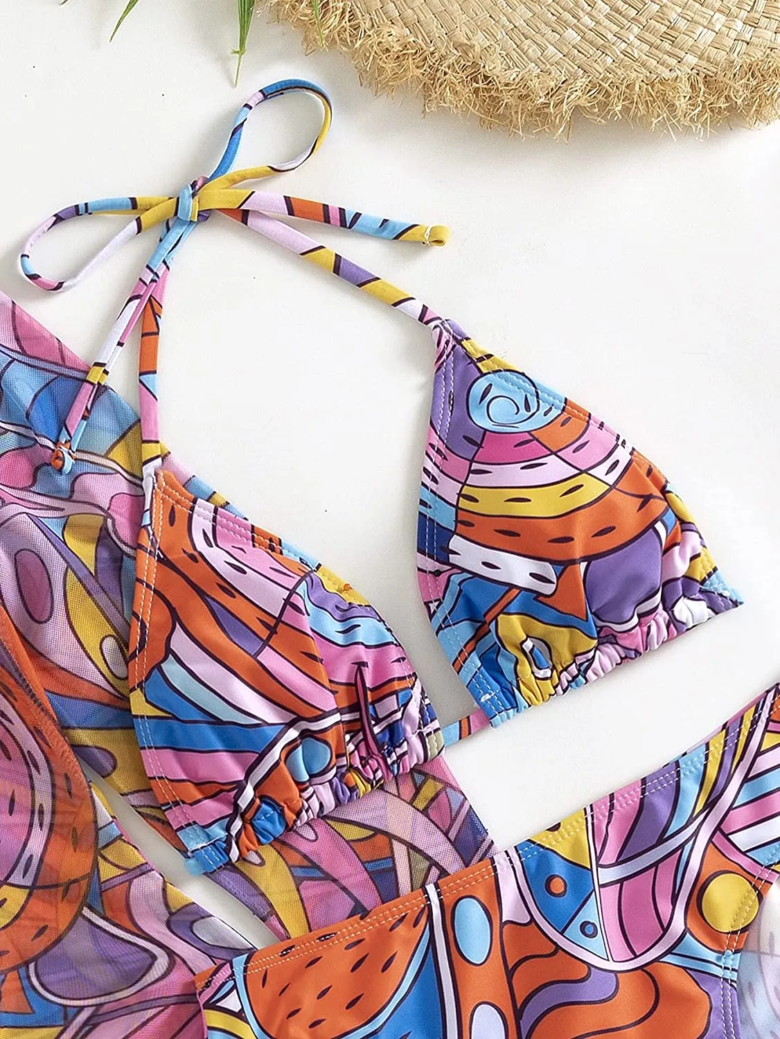Women's Printed Triangle Halter Bikini Bathing Suit with Cover Up 3 Piece Swimsuits