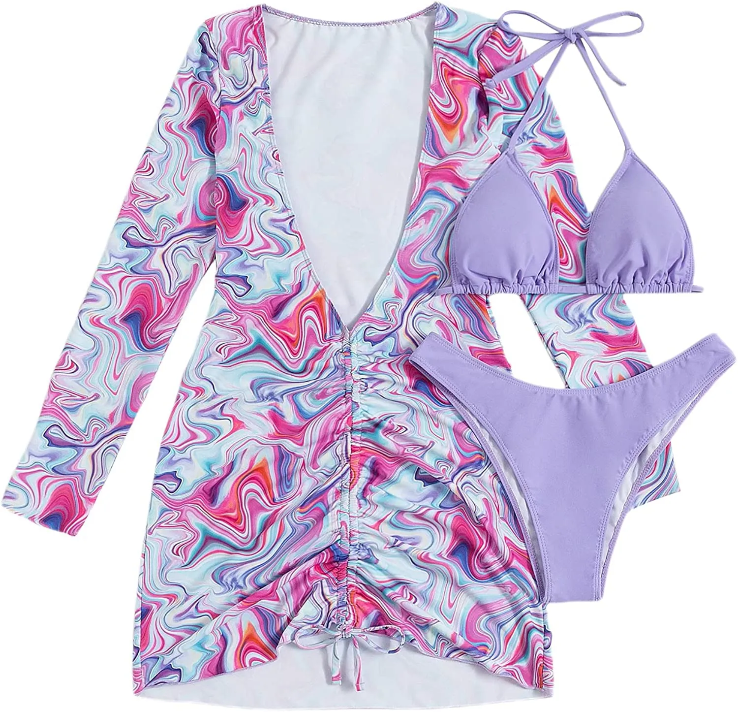 Women's Printed Triangle Halter Bikini Bathing Suit with Cover Up 3 Piece Swimsuits