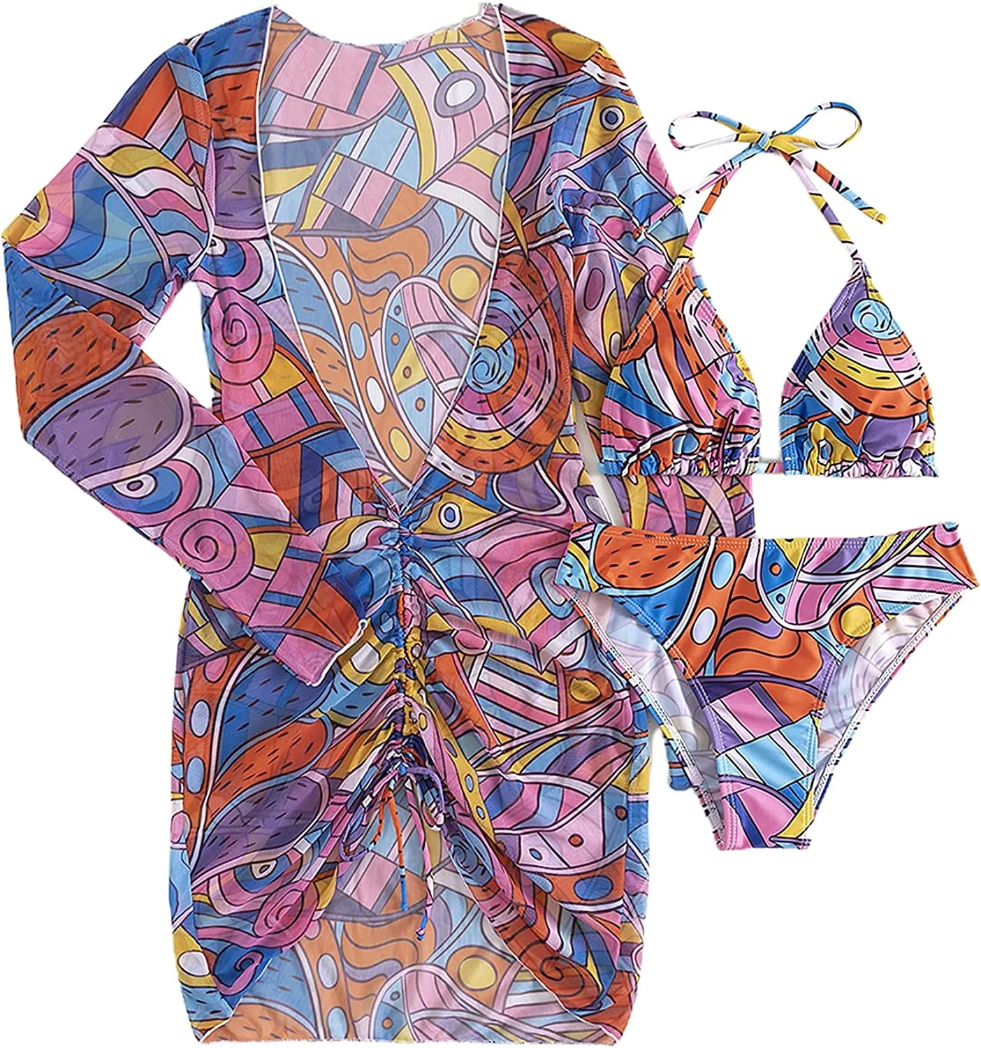 Women's Printed Triangle Halter Bikini Bathing Suit with Cover Up 3 Piece Swimsuits