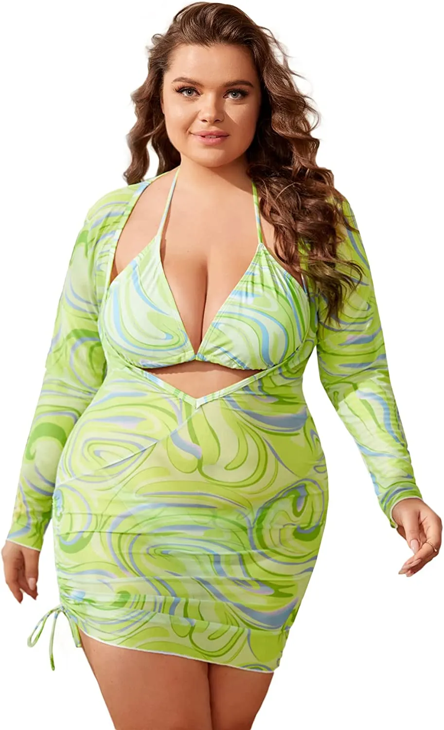 Women's Printed Triangle Halter Bikini Bathing Suit with Cover Up 3 Piece Swimsuits