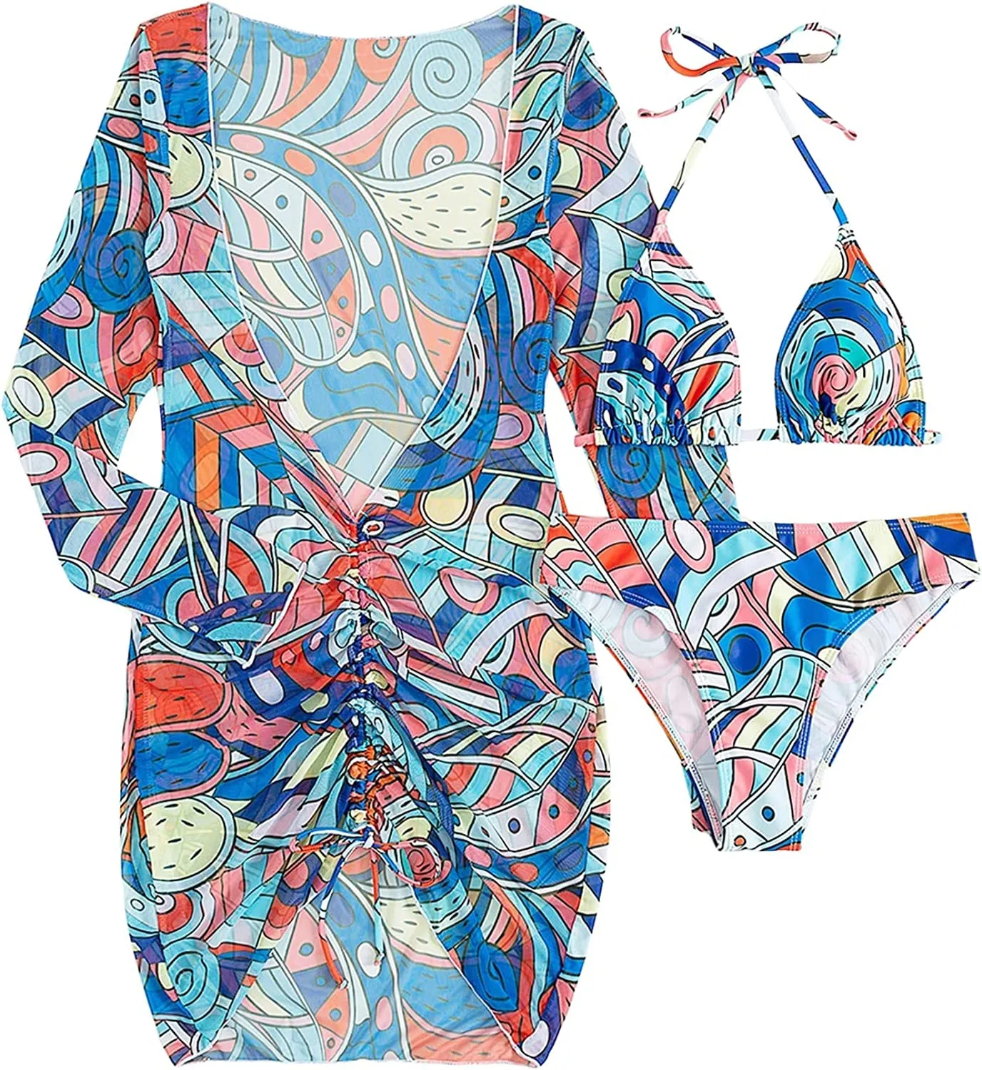 Women's Printed Triangle Halter Bikini Bathing Suit with Cover Up 3 Piece Swimsuits