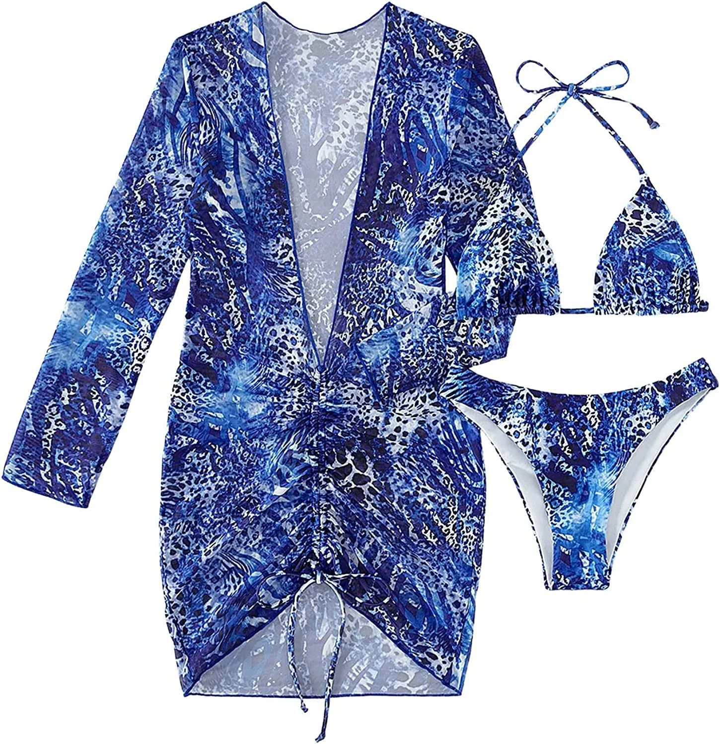 Women's Printed Triangle Halter Bikini Bathing Suit with Cover Up 3 Piece Swimsuits
