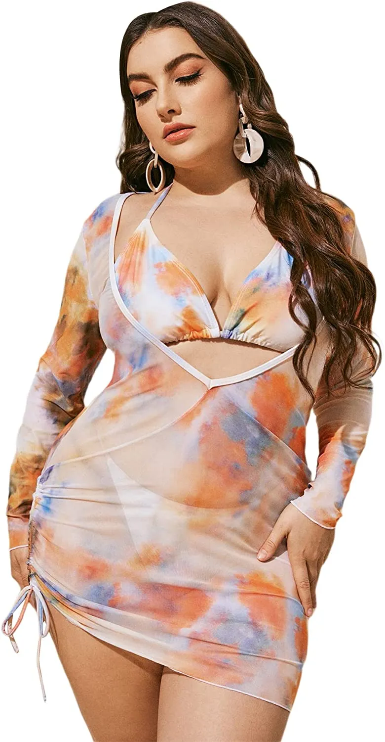Women's Printed Triangle Halter Bikini Bathing Suit with Cover Up 3 Piece Swimsuits