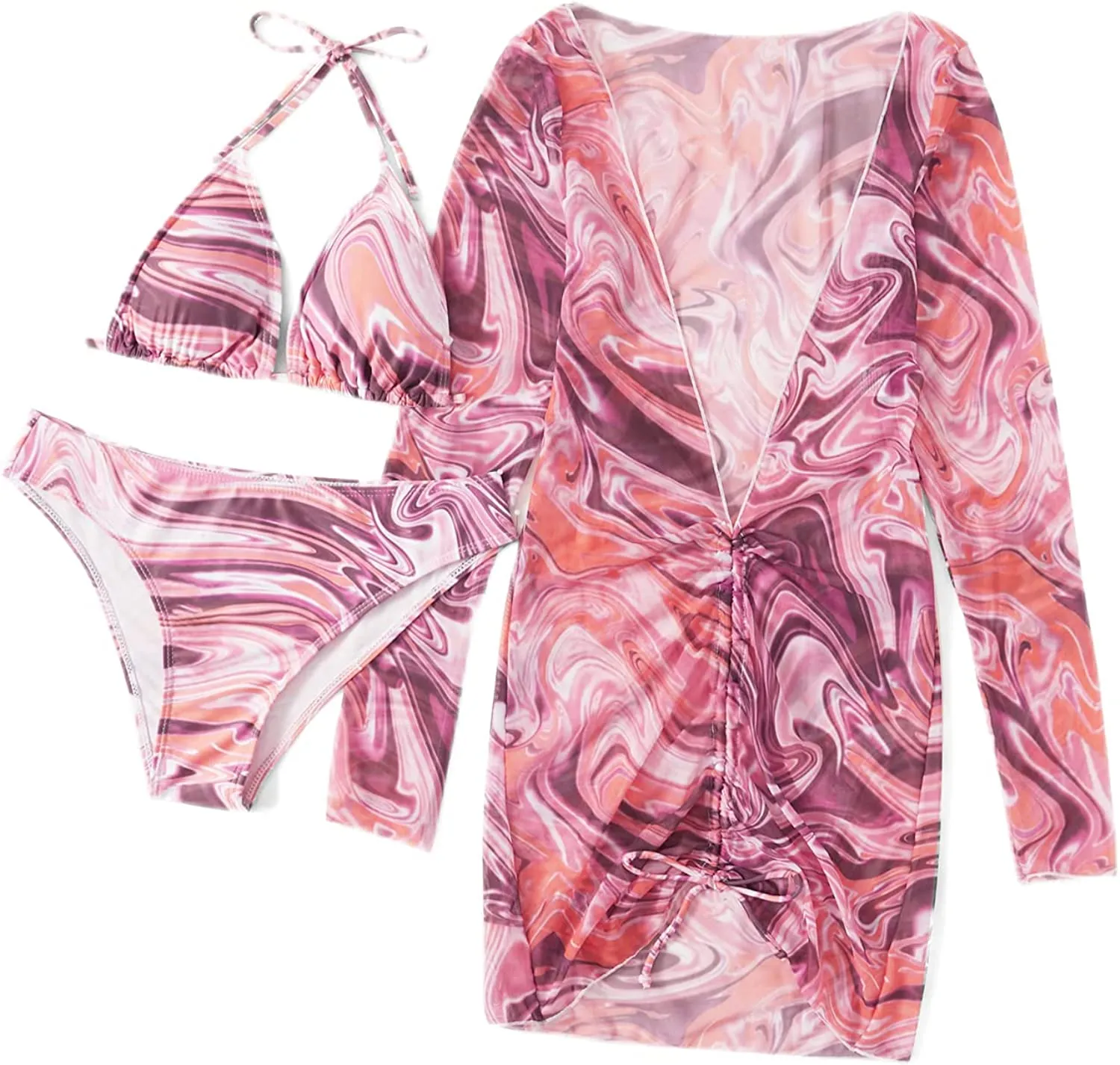 Women's Printed Triangle Halter Bikini Bathing Suit with Cover Up 3 Piece Swimsuits