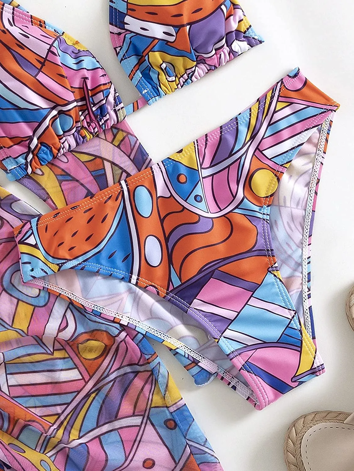 Women's Printed Triangle Halter Bikini Bathing Suit with Cover Up 3 Piece Swimsuits