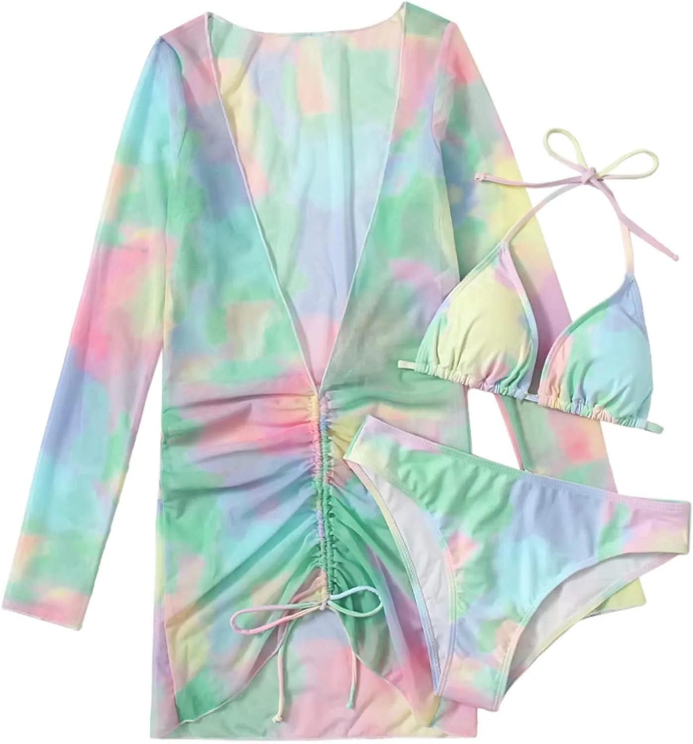 Women's Printed Triangle Halter Bikini Bathing Suit with Cover Up 3 Piece Swimsuits