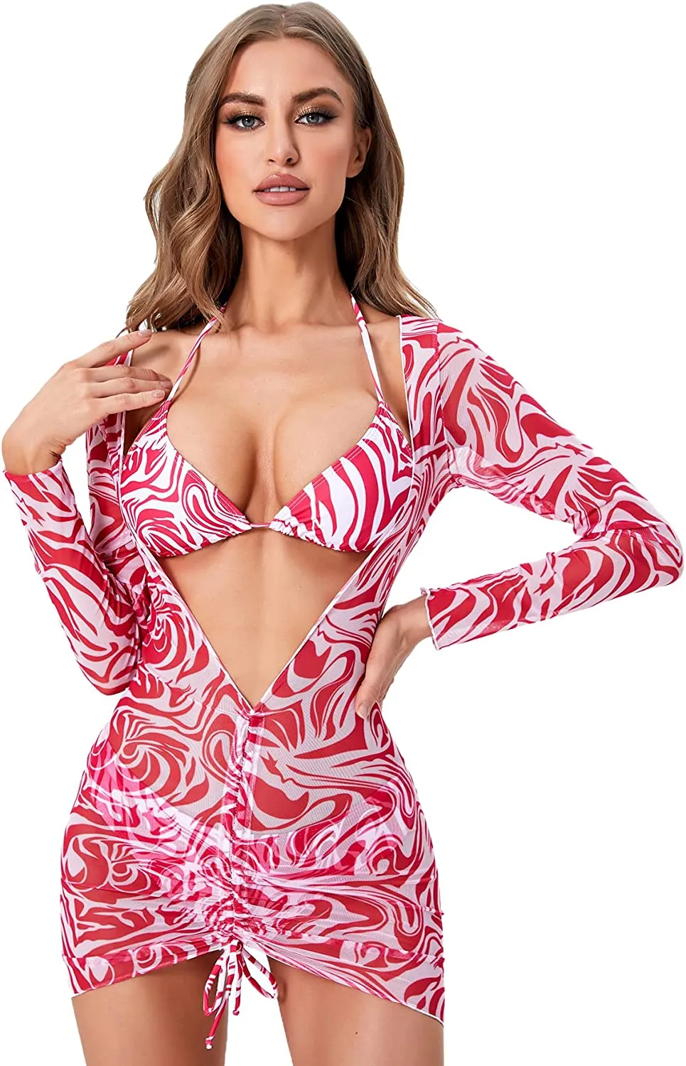 Women's Printed Triangle Halter Bikini Bathing Suit with Cover Up 3 Piece Swimsuits