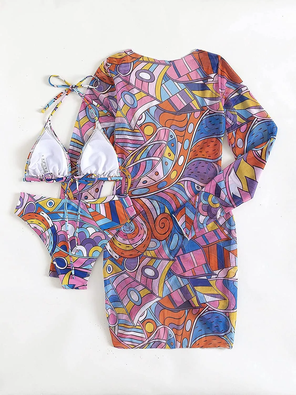 Women's Printed Triangle Halter Bikini Bathing Suit with Cover Up 3 Piece Swimsuits