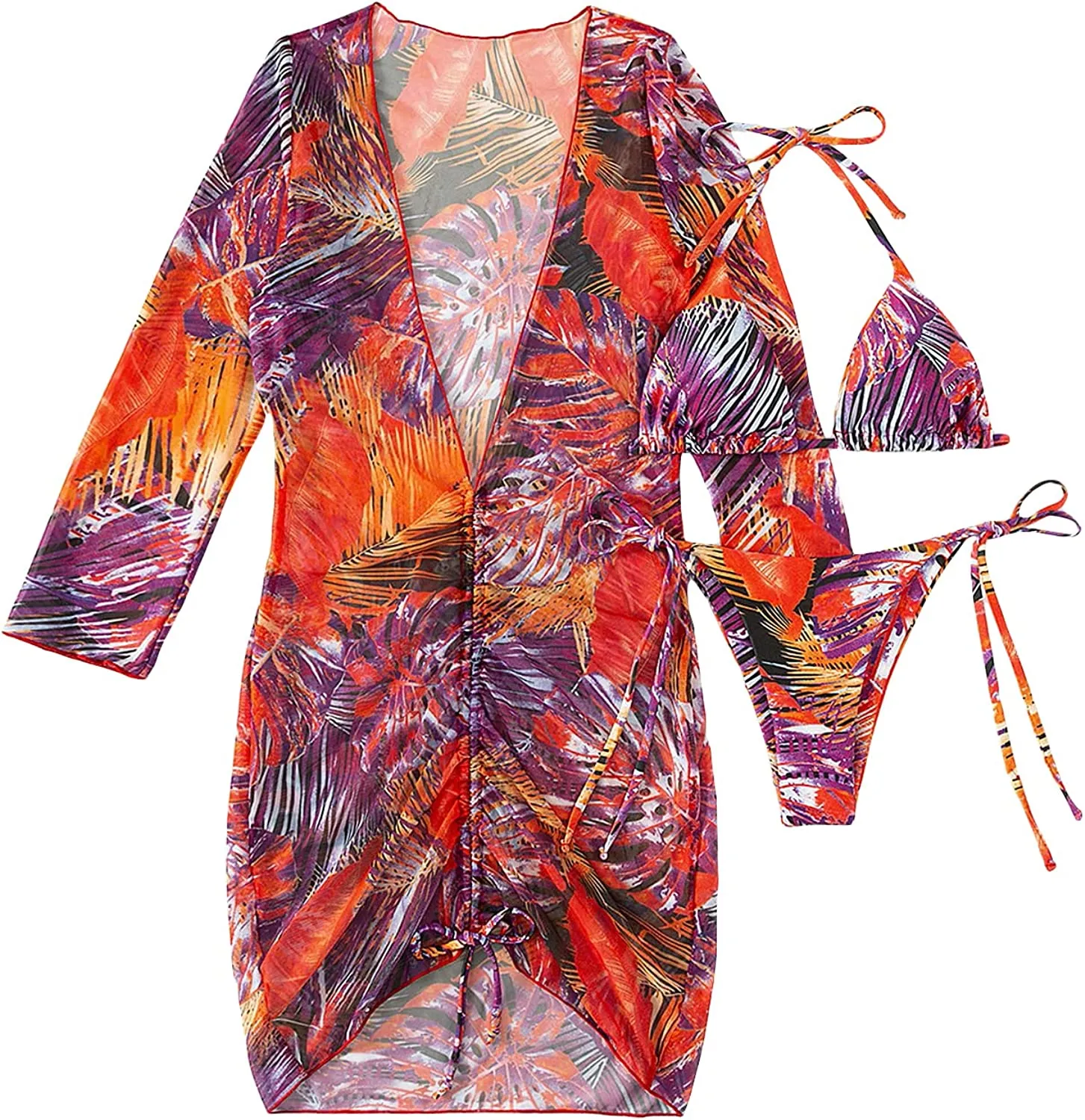 Women's Printed Triangle Halter Bikini Bathing Suit with Cover Up 3 Piece Swimsuits
