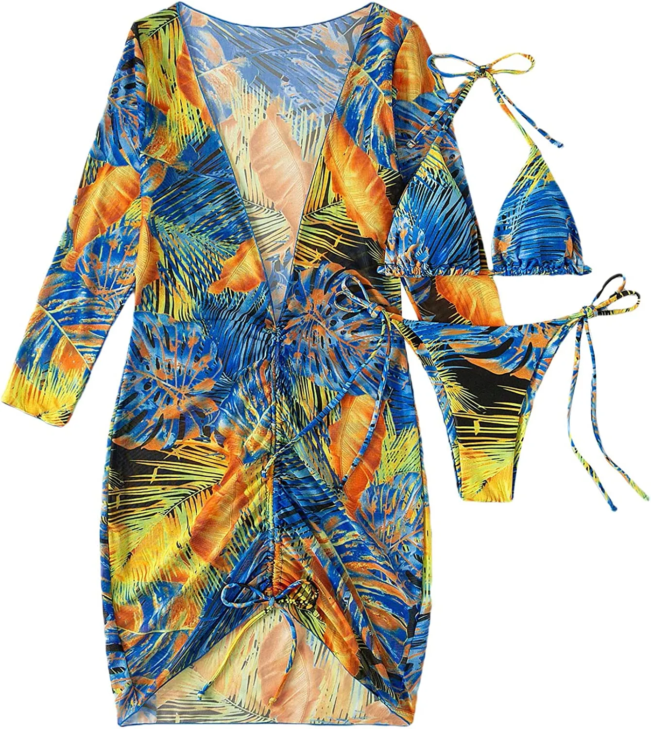 Women's Printed Triangle Halter Bikini Bathing Suit with Cover Up 3 Piece Swimsuits