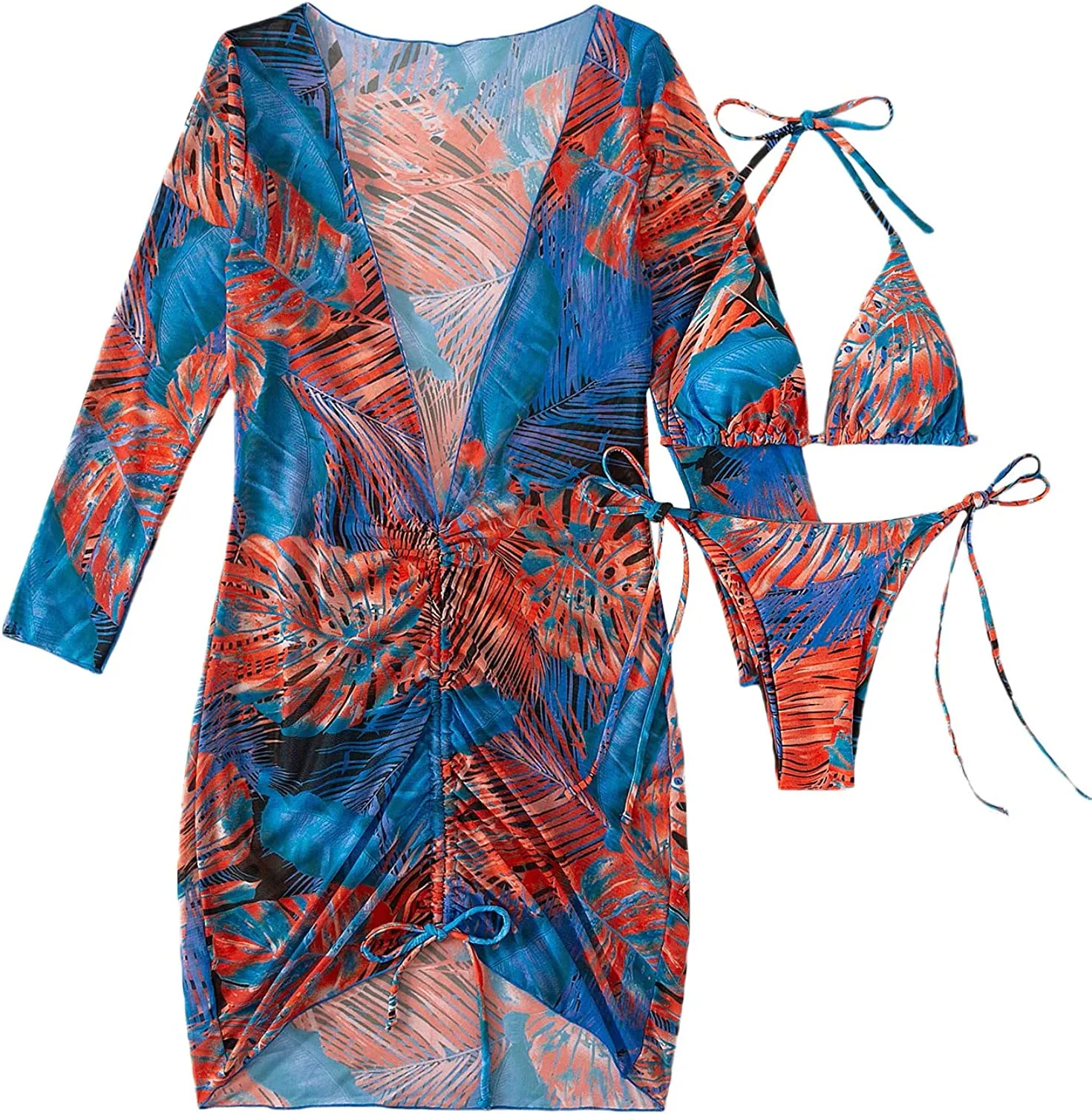 Women's Printed Triangle Halter Bikini Bathing Suit with Cover Up 3 Piece Swimsuits