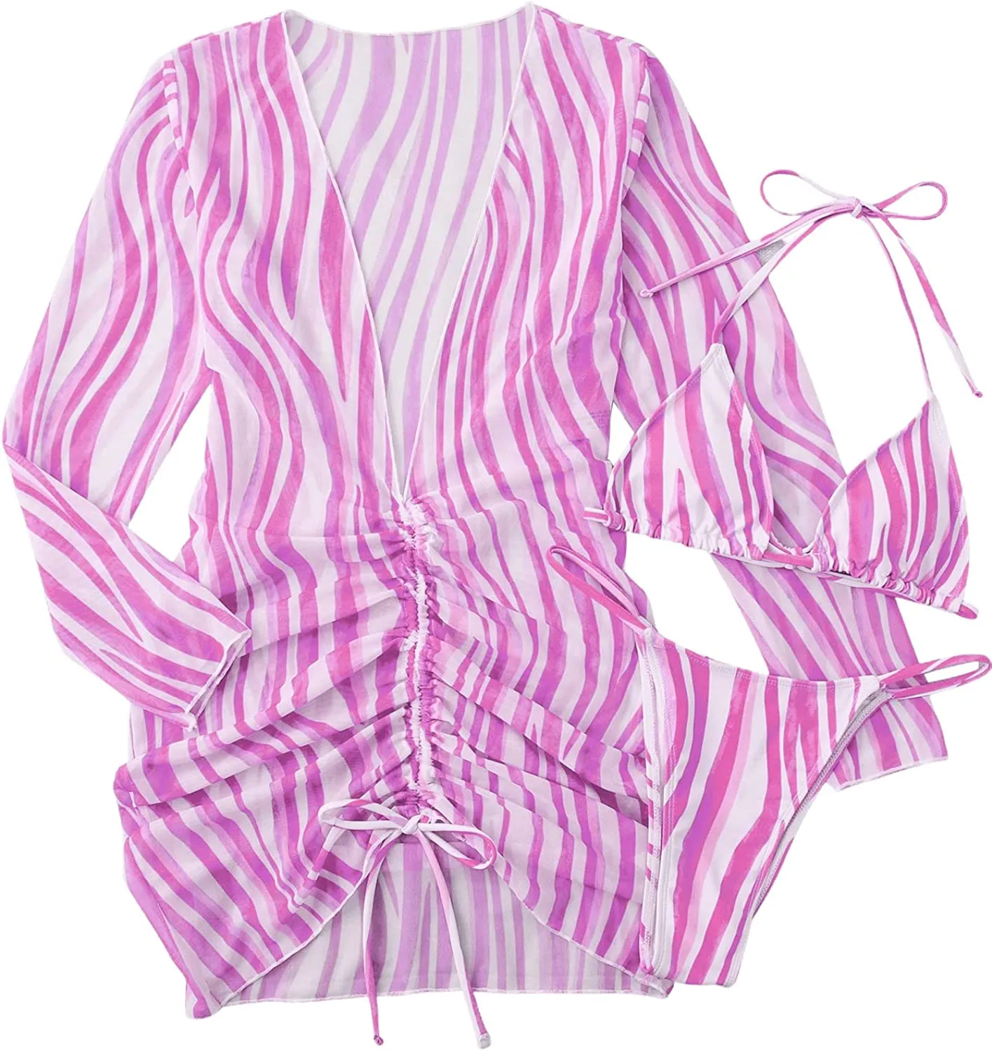 Women's Printed Triangle Halter Bikini Bathing Suit with Cover Up 3 Piece Swimsuits