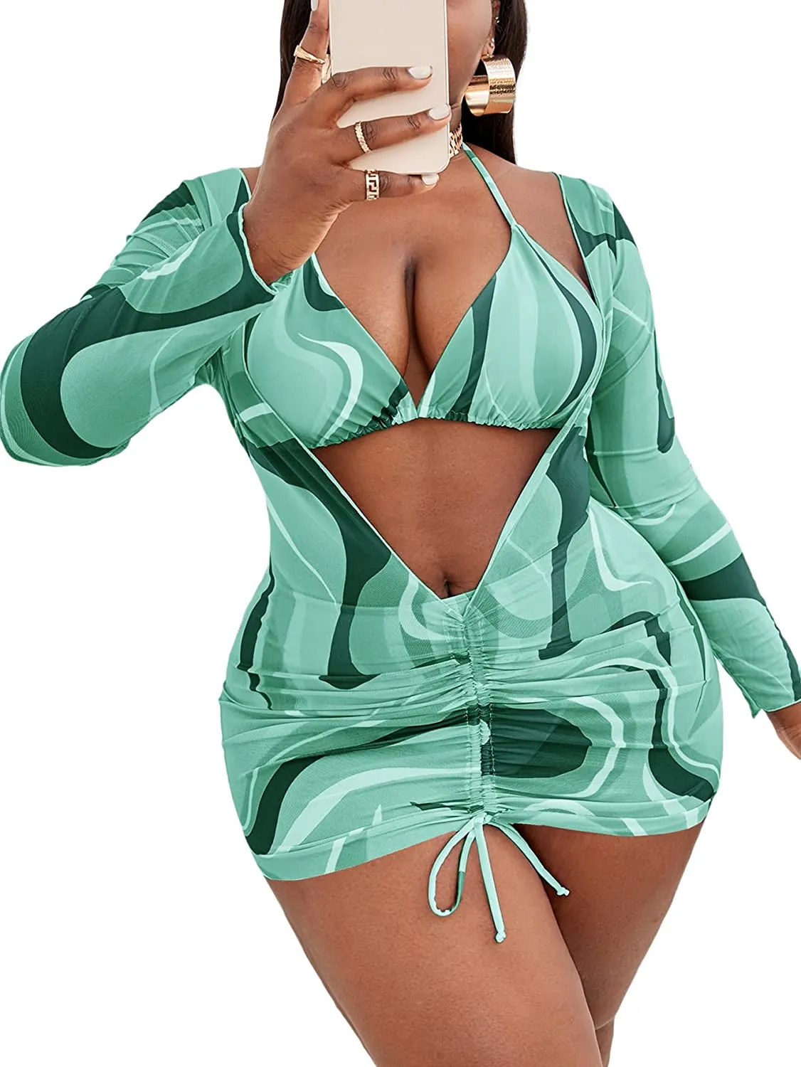 Women's Printed Triangle Halter Bikini Bathing Suit with Cover Up 3 Piece Swimsuits