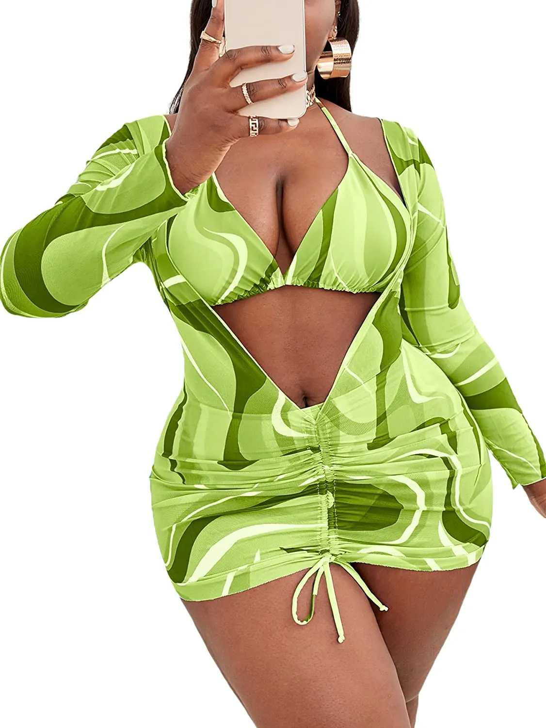 Women's Printed Triangle Halter Bikini Bathing Suit with Cover Up 3 Piece Swimsuits