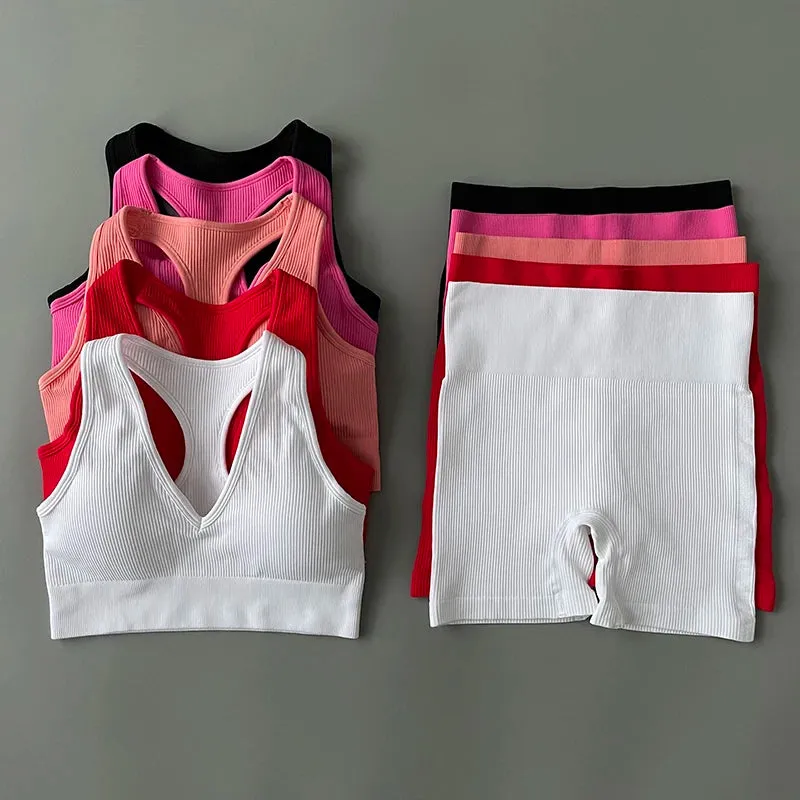 Women’s Seamless Yoga Set - High-Waist Knit Shorts & Plunge Neck Crop Top Bra - 2PCS Gym Workout Outfit