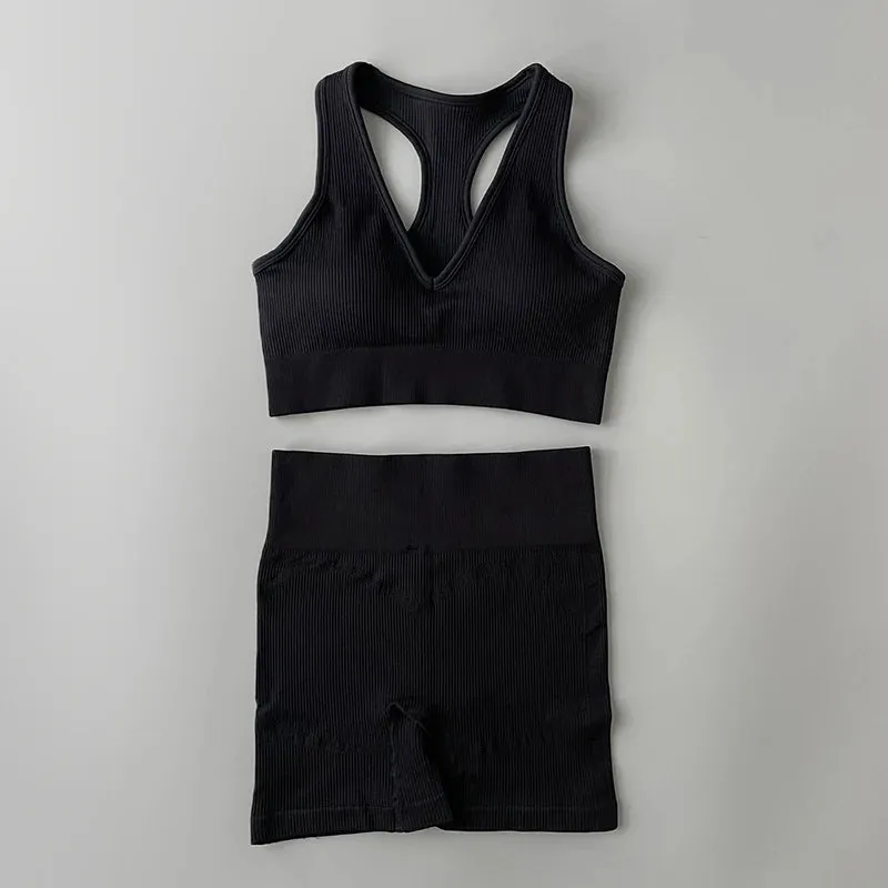 Women’s Seamless Yoga Set - High-Waist Knit Shorts & Plunge Neck Crop Top Bra - 2PCS Gym Workout Outfit